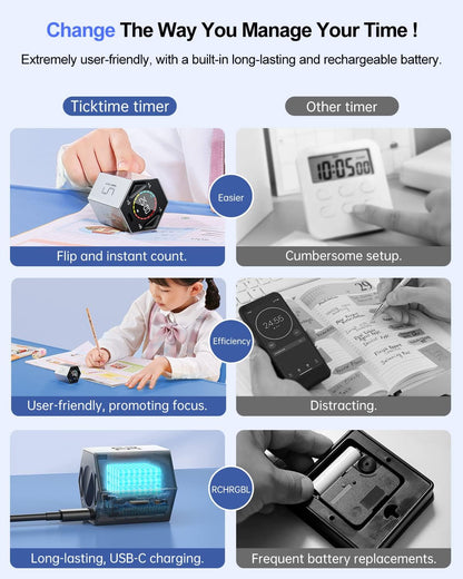Ticktime Pomodoro Timer, Productivity Timer Cube, 3/5/10/15/25/30 Min Presets, Custom Countdown & Stopwatch 1s–99m59s, Sound/Vibration/Silent, Magnetic, Rechargeable, for ADHD Study Work, Gray