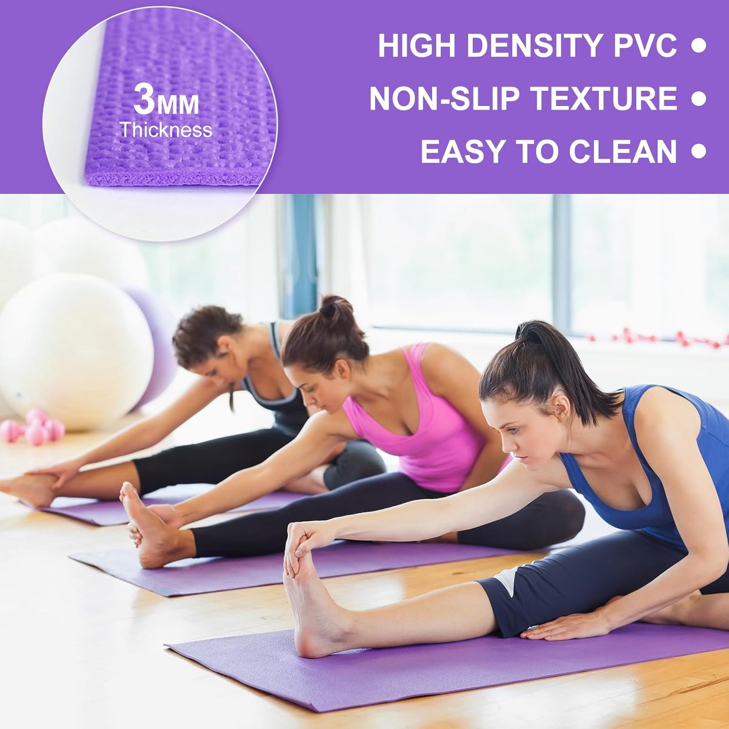 3 mm Thick Yoga Mat Bulk, Non Slip Exercise Workout Fitness Pad for Women Men, Gym Home Yoga Pilates, Easy to Clean, Sturdy PVC