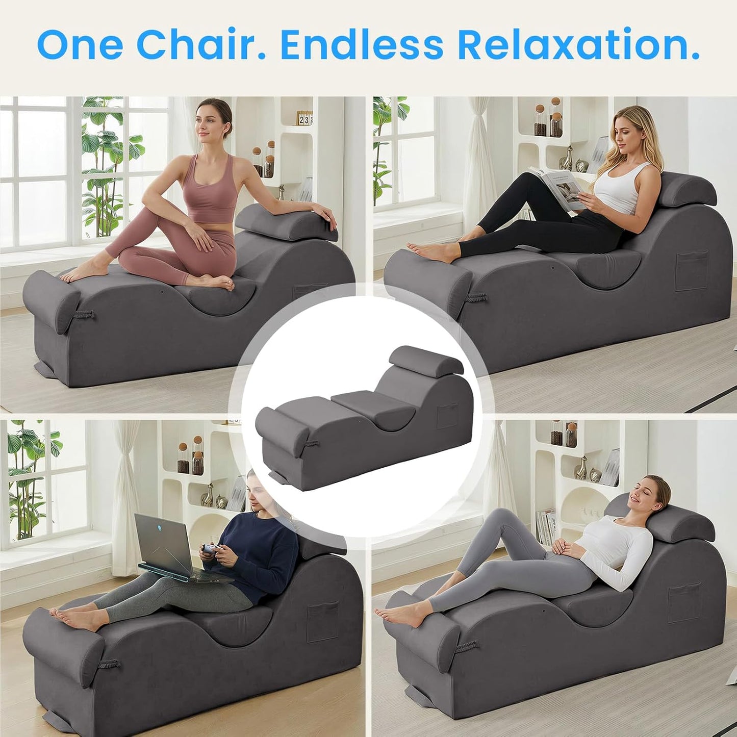 ijuicy 25 Inch Home Stretch Yoga Chair, Velvet Fitness Yoga Chaise Lounge Chair Indoor, Yoga Training Reliner with Adjustable Footrest & Headrest, Light Grey