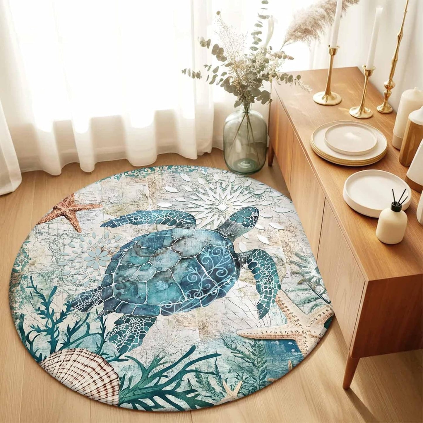 Libaoge Round Area Rugs 3 ft Indoor Aloha Mats Sea Turtle Ocean Animal Nautical Map Soft Living Room Bedroom Unique Carpet Woman Yoga Mat Home Decor