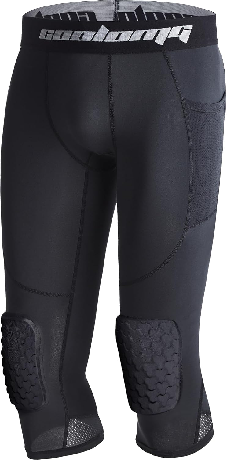 COOLOMG Basketball Leggings with Knee Pads for Kids Youth 3/4 Compression Pants Capri Tights Side Pockets