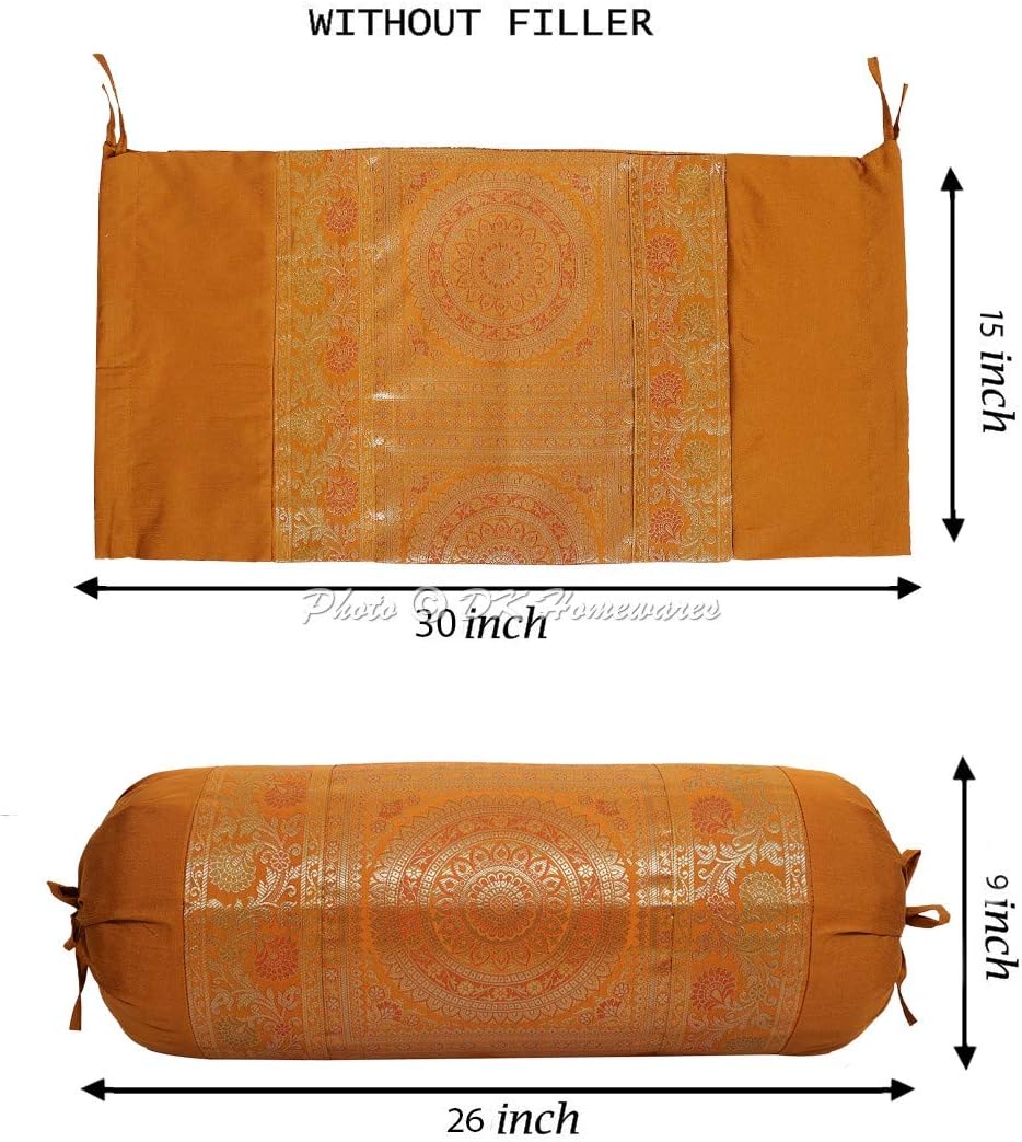 Indian Jacquard Brocade Silk Bolster Yoga Rectangle Pillow Cover Cylindrical Hotdog Brown Tube Masand Home Decor Living Room Mandala Traditional Throw Cushion Cover 76x38 cm - 1 Pc