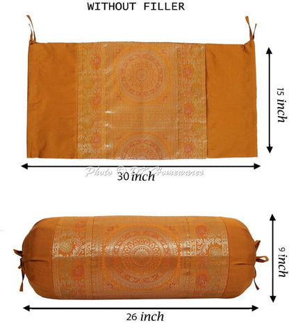 Indian Jacquard Brocade Silk Bolster Yoga Rectangle Pillow Cover Cylindrical Hotdog Brown Tube Masand Home Decor Living Room Mandala Traditional Throw Cushion Cover 76x38 cm - 1 Pc