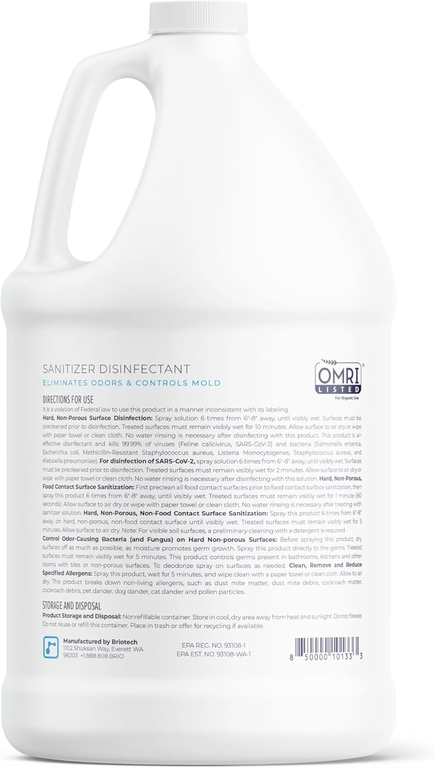 BRIOTECH Sanitizer Disinfectant Hypochlorous Spray, Kill 99.99% of Viruses & Bacteria, Control Mold, Eliminate Odor, Gentle for Nursery & Play Rooms, Food Contact Surface Sanitizer, 32 fl oz