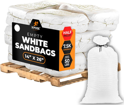 Xpose Safety Heavy Duty Sand Bags with Tie Strings – Empty Woven Polypropylene Sandbags for Hurricane Flood Protection, 50 lb Capacity, 14" x 26", White, Pack of 10
