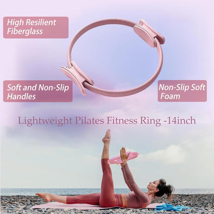 Pilates Ring Essentials Kit for Women, Soft Macaron Creams - Yoga Exercise Equipment Set for Home Workouts with Magic Circle, Mini Ball & Accessories - Fitness Ring Set for Beginners (Pink)