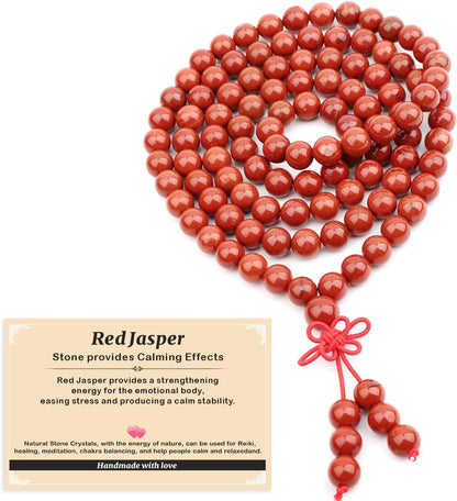 AD Beads 6mm 8mm 108 Prayer Mala Jasper Elastic Bracelet - Handmade Yoga Meditation Healing Power Energy Gifts for Unisex Adult.