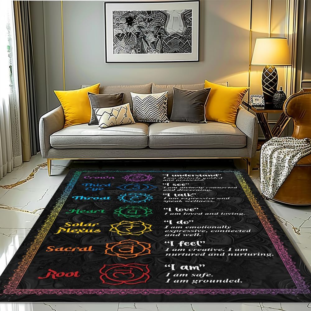 Chakra Area Rug, Meditation & Yoga Carpet for Living Room, Bedroom Mandalas Boho Style Non-Slip Machine Washable Rugs for Women Adults Yoga Lovers Bohemian Floor Mat Office Decor (YOGA-DS01)