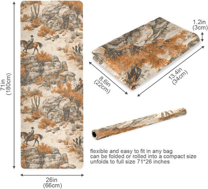Western Cowboy Pattern Thin Yoga Mat with Bag Included, Non Slip Fitness Workout Mat, Foldable Suede Rubber Yoga Mat for Yoga Pilates and Fitness, 70.8" L x 26" W x 1mm