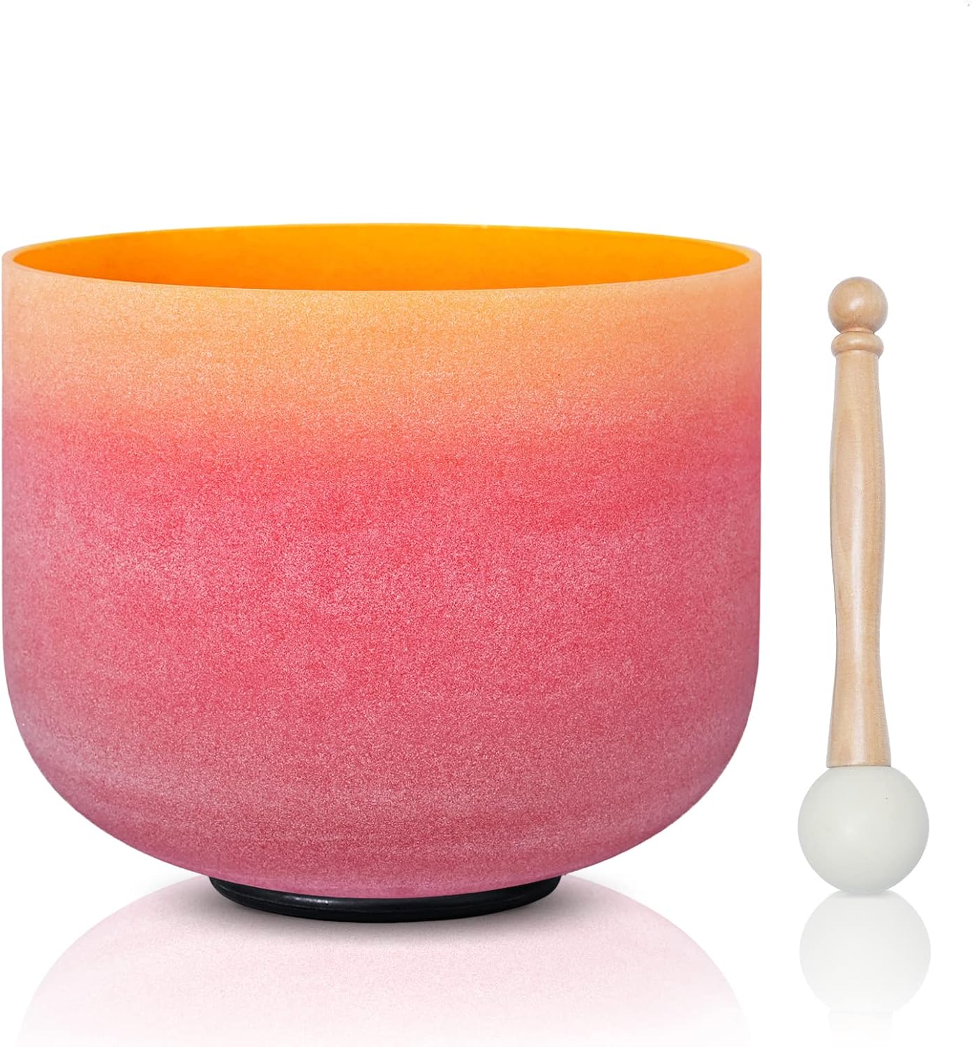 CVNC 440HZ 8 Inch Rainbow Colored A Note Third-Eye Chakra Frosted Quartz Crystal Singing Bowl for Sound Healing and Meditation