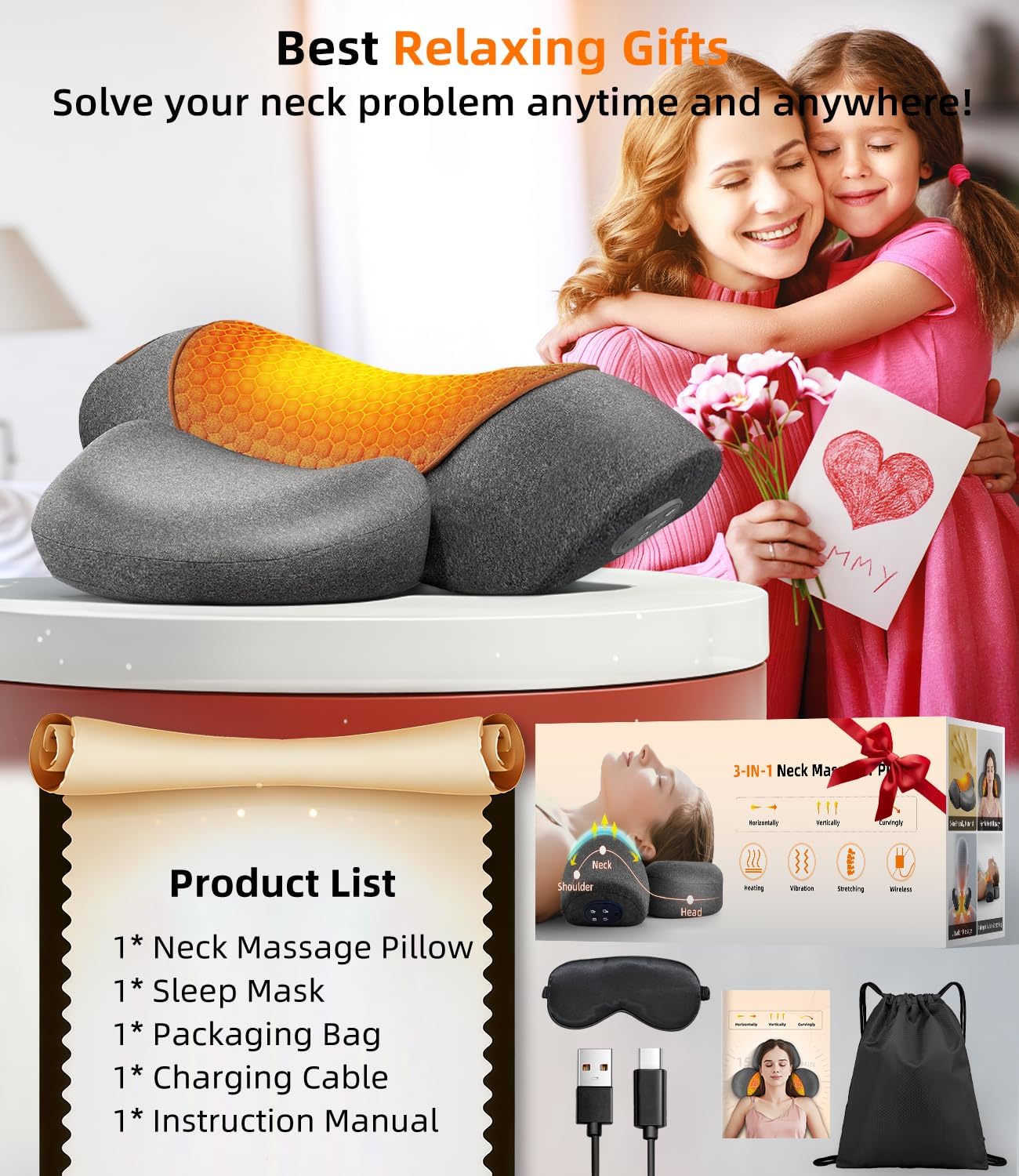Upalled Cordless Heated Neck Massager Pillow for Pain Relief Deep Tissue, 3-in-1 Rechargeable Neck Cervical Traction Device with Heat, Massage, Electric Stretch, Ergonomic Neck Shoulder Relaxer, Grey