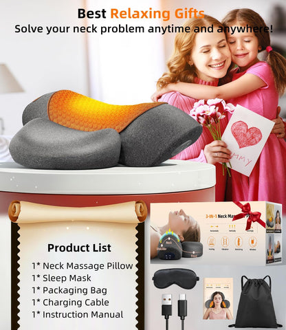 Upalled Cordless Heated Neck Massager Pillow for Pain Relief Deep Tissue, 3-in-1 Rechargeable Neck Cervical Traction Device with Heat, Massage, Electric Stretch, Ergonomic Neck Shoulder Relaxer, Grey