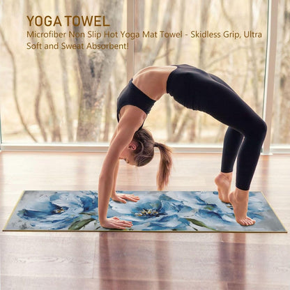 Yoga Towel with Silicone Grip Blue Flowers Oil Painting – Sweat Wicking Non-Slip Microfiber Mat Cover for Hot Yoga Pilates Fitness, Skid Resistant for Home Gym Studio