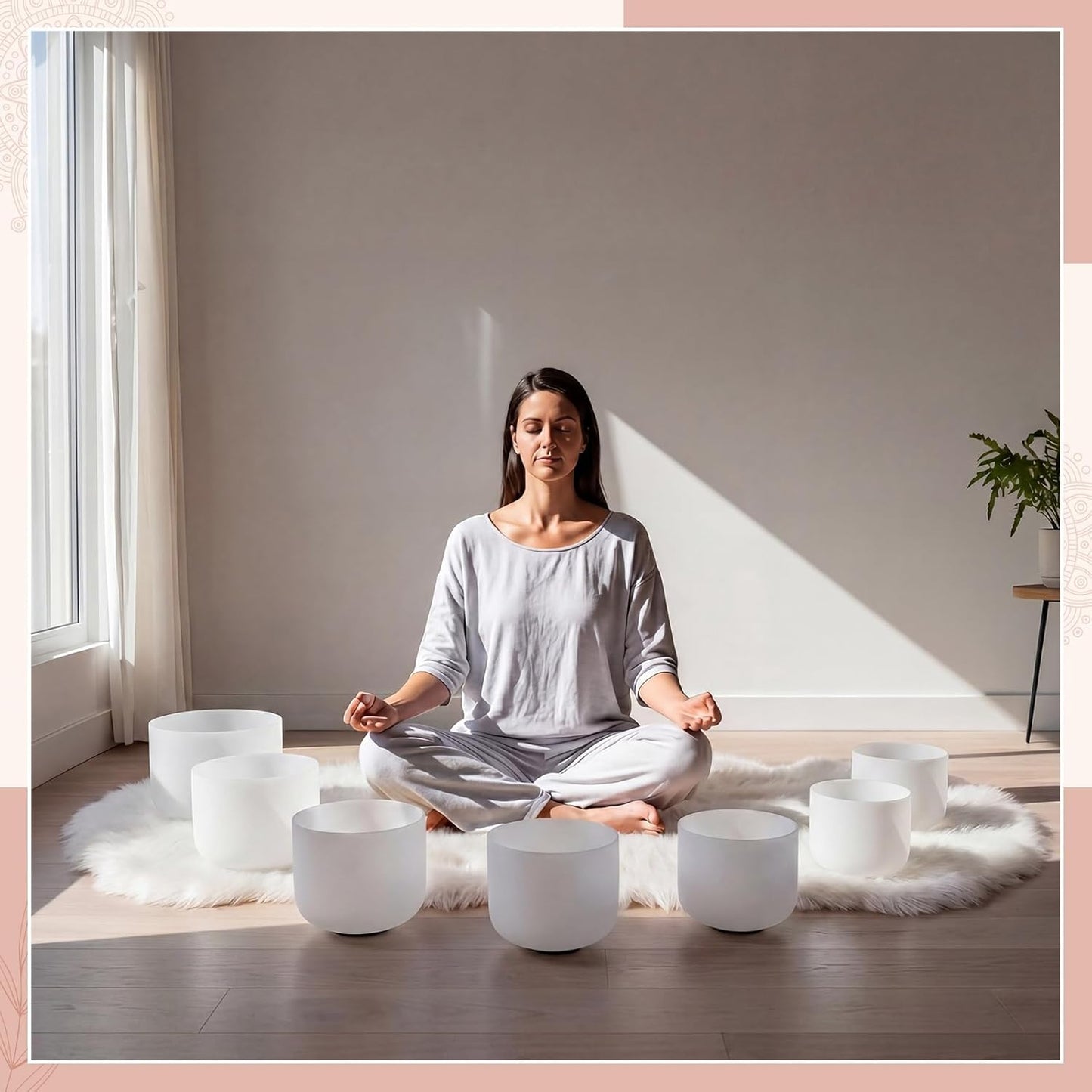 Batiyeer 7 Pcs 7-12 Inch Crystal Singing Bowl Set with 1 Pcs White Faux Sheepskin Rug for Chakra Healing, Meditation, Yoga, Sound Therapy, Mindfulness, Relaxation