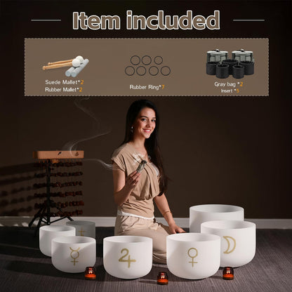 CVNC 432HZ 6-12 Inch Set of 7 PCS Aria Gradient Design Frosted Quartz Crystal Singing Bowls with 2 PCS Carry Case Bag for Sound Healing and Therapy Meditation