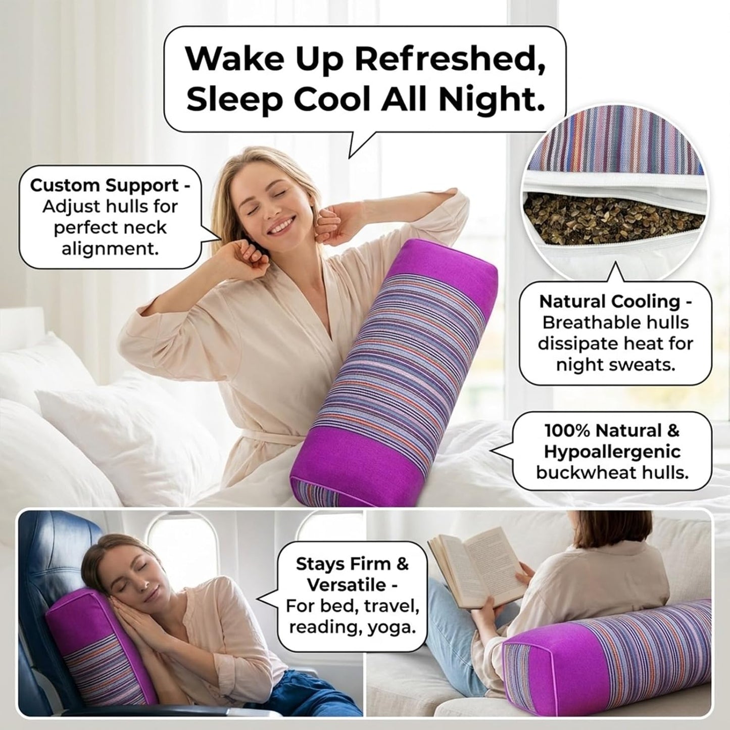 Adjustable Buckwheat Hull Pillow for Neck Pain Relief (21x8x4in) Natural Cooling Cervical Support Organic Pillow for Side & Back Sleepers with Night Sweats (Grey)