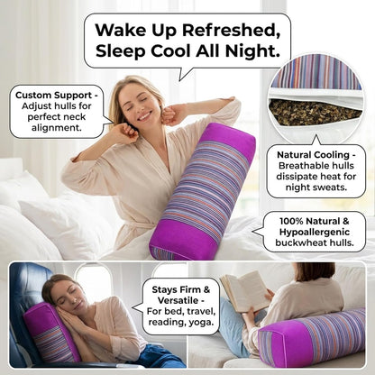 Adjustable Buckwheat Hull Pillow for Neck Pain Relief (21x8x4in) Natural Cooling Cervical Support Organic Pillow for Side & Back Sleepers with Night Sweats (Grey)