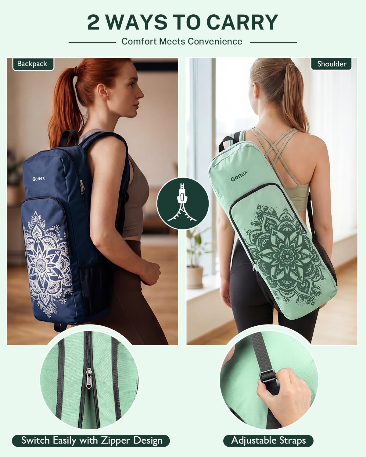Gonex Yoga Mat Bag, 2 Carry Ways Yoga Backpack with Wet Compartment Metal Zippers for Women Men, Large Capacity Yoga Mat Carrier for Yoga, Gym, Travel