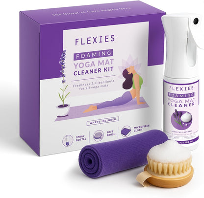 Flexies Foaming Yoga Mat Cleaner Spray Kit, Plant Based Non Toxic Mat Cleaner with Brush and Microfiber Cloth, Yoga Essentials for Women and Men, Pilates Mat Care, Lavender