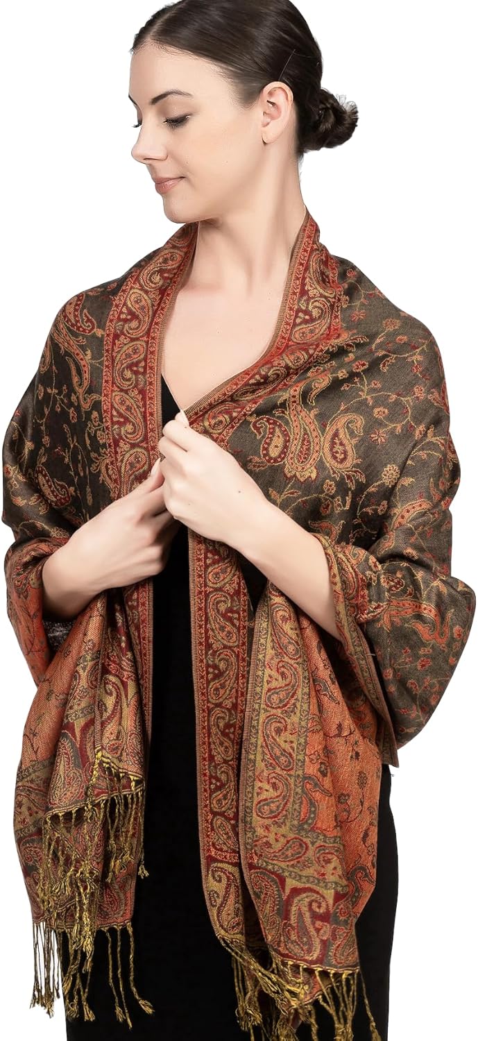 Achillea Reversible Paisley Pashmina Rave Scarf – Exotic Indian Shawls and Wraps for Evening Dresses, Festivals, All Seasons - Colors B