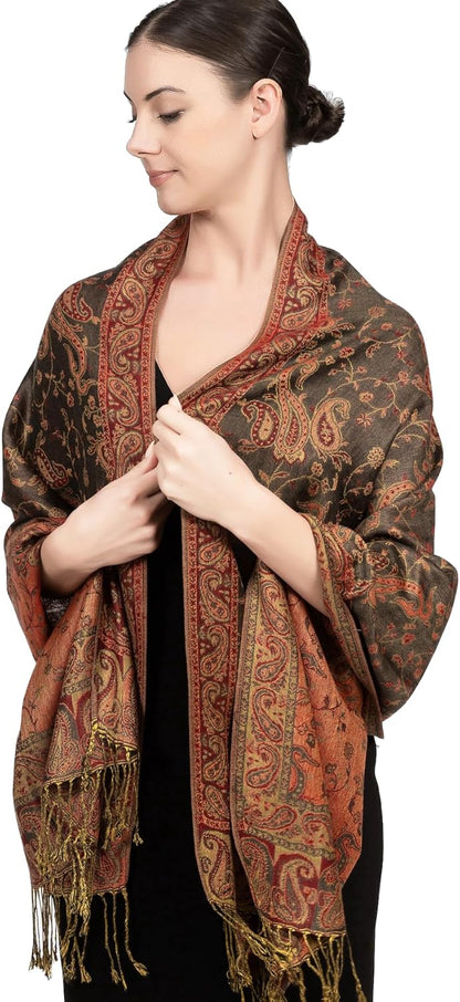 Achillea Reversible Paisley Pashmina Rave Scarf – Exotic Indian Shawls and Wraps for Evening Dresses, Festivals, All Seasons - Colors B
