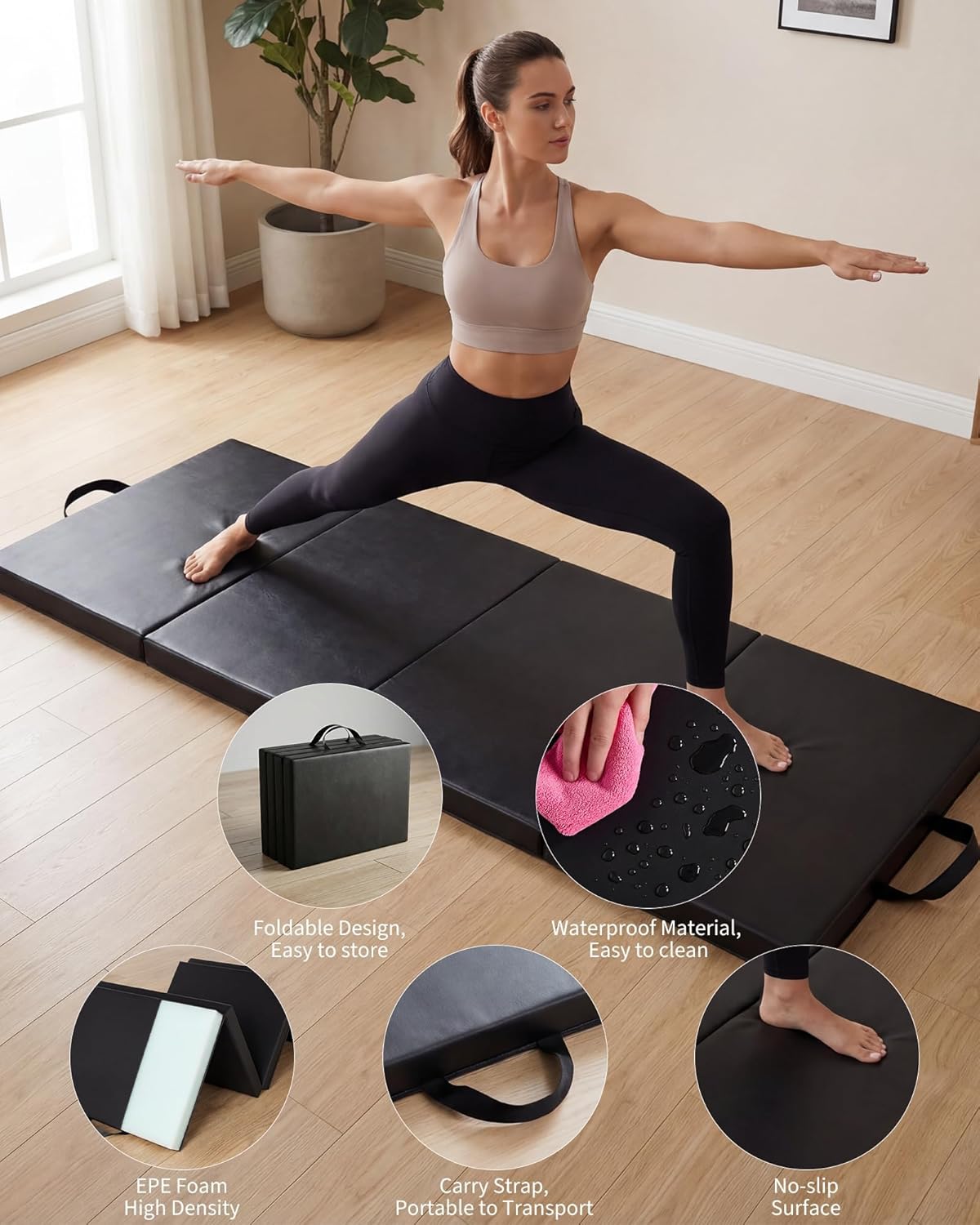 Gymnastics Mat, 6x2/3Ft 2 inches Thick 4-Fold Portable Home Gym Floor Pad for Yoga, Pilates, Aerobics & Martial Arts Training