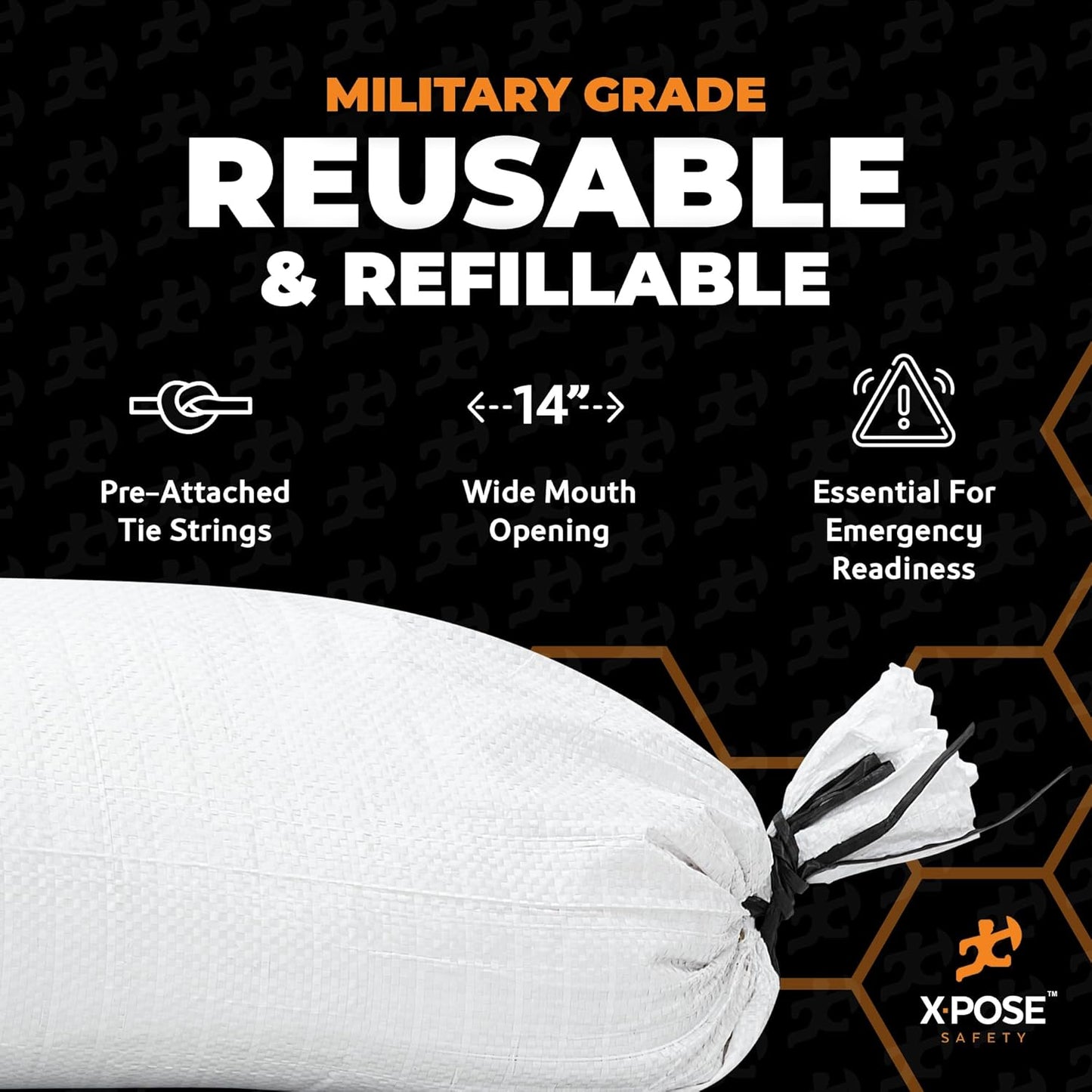 Xpose Safety Heavy Duty Sand Bags with Tie Strings – Empty Woven Polypropylene Sandbags for Hurricane Flood Protection, 50 lb Capacity, 14" x 26", White, Pack of 10