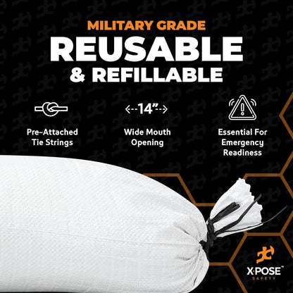 Xpose Safety Heavy Duty Sand Bags with Tie Strings – Empty Woven Polypropylene Sandbags for Hurricane Flood Protection, 50 lb Capacity, 14" x 26", White, Pack of 10