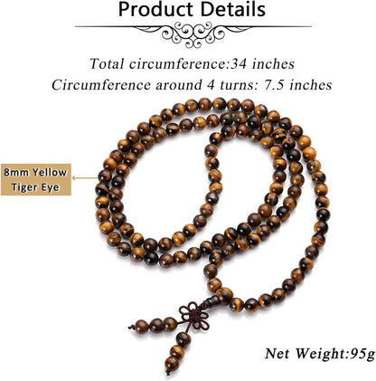 Jovivi Tibetan 6mm 8mm 108 Natural Tiger Eye Gemstone Beads Prayer Mala Bracelet Necklace