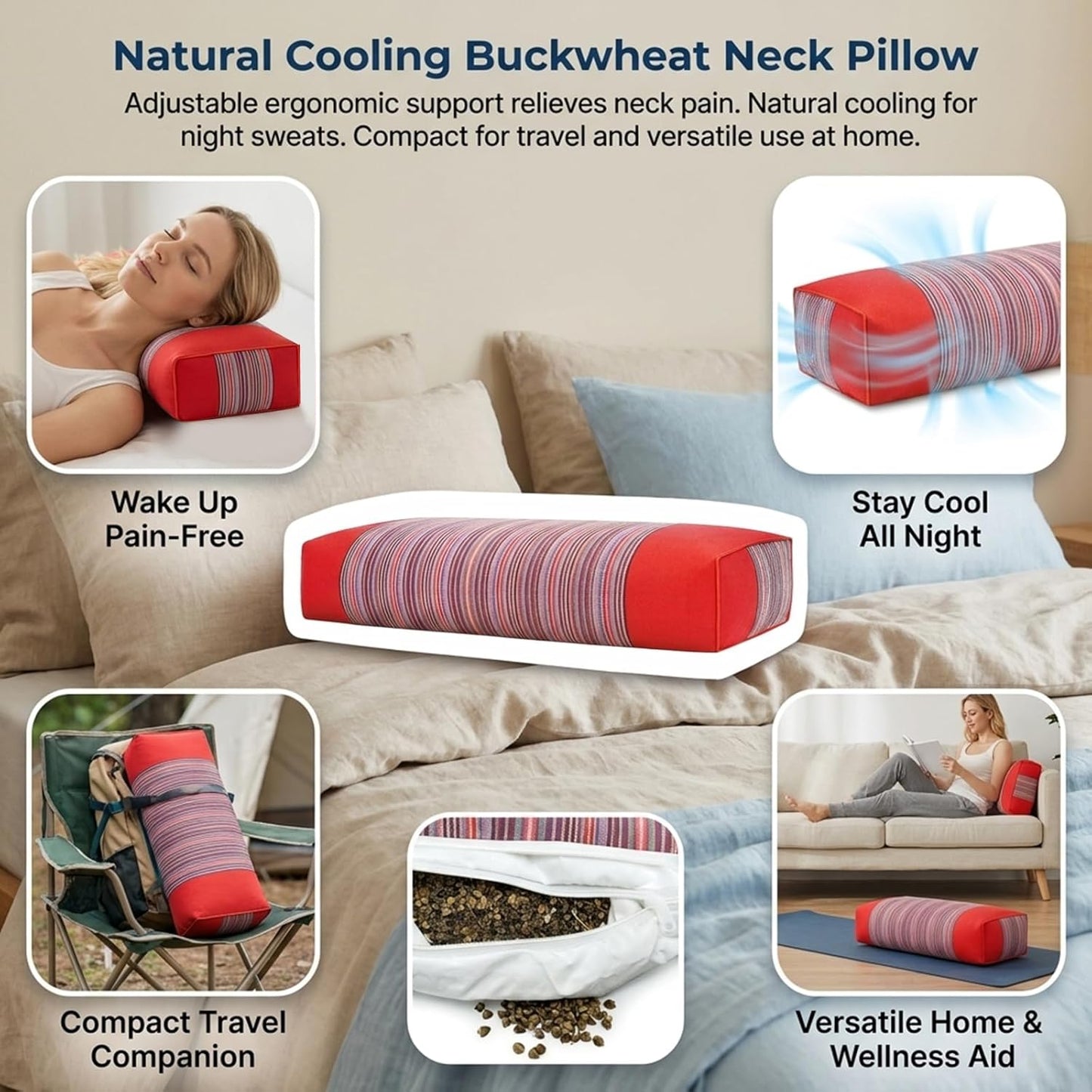 Adjustable Buckwheat Hull Pillow for Neck Pain Relief (21x8x4in) Natural Cooling Cervical Support Organic Pillow for Side & Back Sleepers with Night Sweats (Grey)