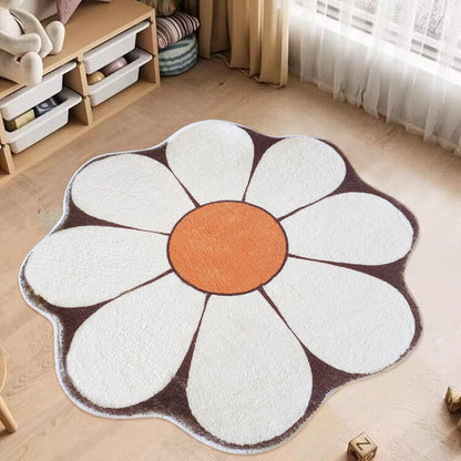 White Flower Shaped Rug, Cute Round Indoor Rug, 39.4" Diameter, High Pile Faux Wool, Non-Slip Backing