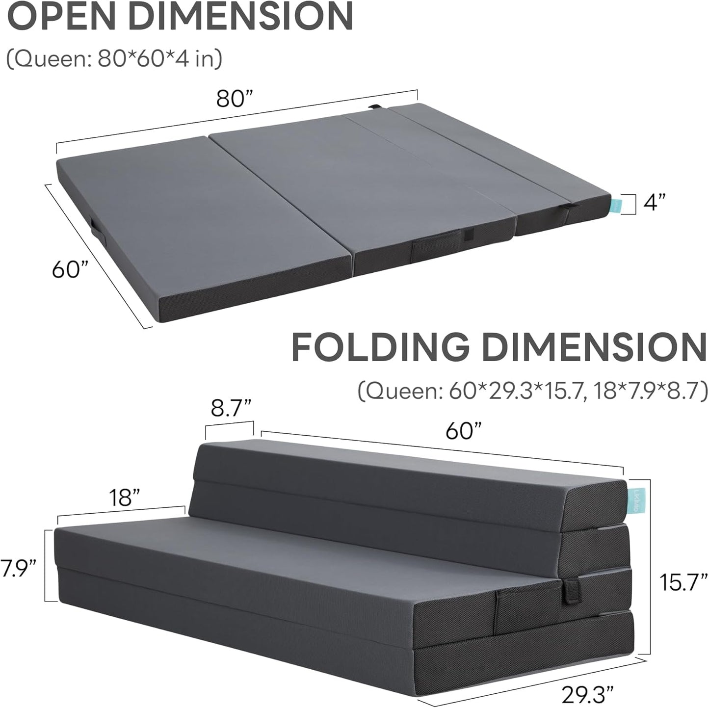 LIKIMIO Folding Mattress Queen, High Density Foam Mattress with Breathable and Washable Cover & Storage Bag, 4 Inch Foldable Mat Topper for Camping, RV and Yoga, Handle Design, Blue