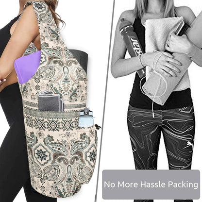 Yoga Mat Bag - Large Opening Long Tote Yoga Mat Carrier Holder Bag with Waterproof Wet Zipper Pocket and Drawstring Water Bottle Pocket - Yoga Bag Fit Most Size Mats