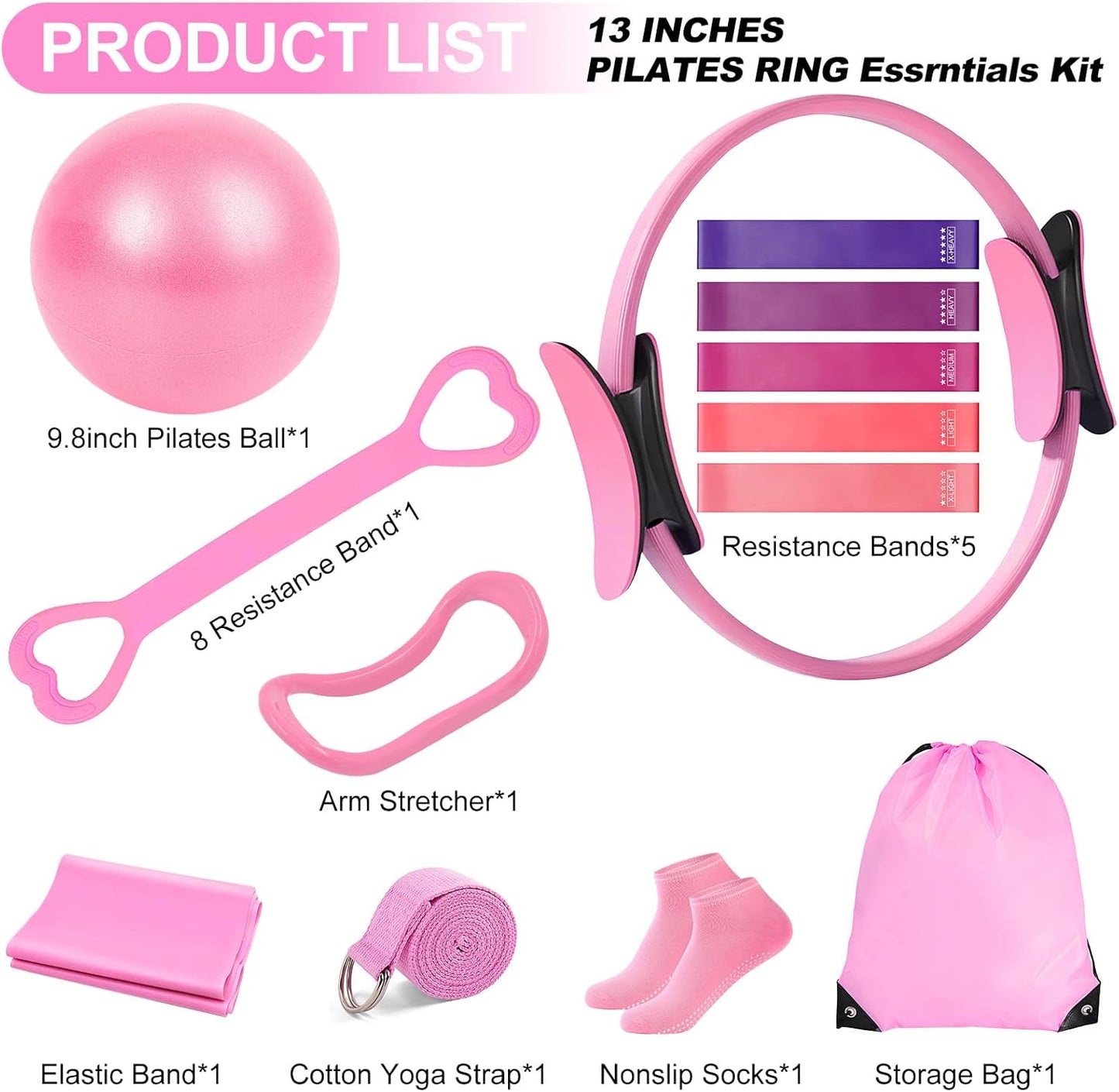 Pilates Kit for Women, Pilates Equipment with 13'' Magic Circle, Pilates Ring and Ball Set with 5 Strength Bands, Hip Thrust Belt, Compact Workout Set at Home