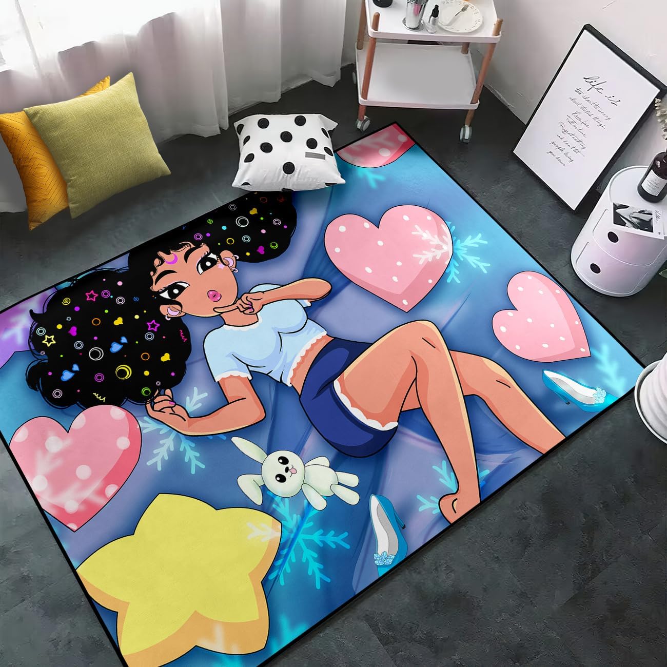 Black Girl Area Rug for Bedroom African Black Girls Floor Rugs for Living Room Playroom Cartoon Art Home Decor Soft Yoga Mats for Women Afro Purple 47" x 31" (2.7 x 3 Feet)