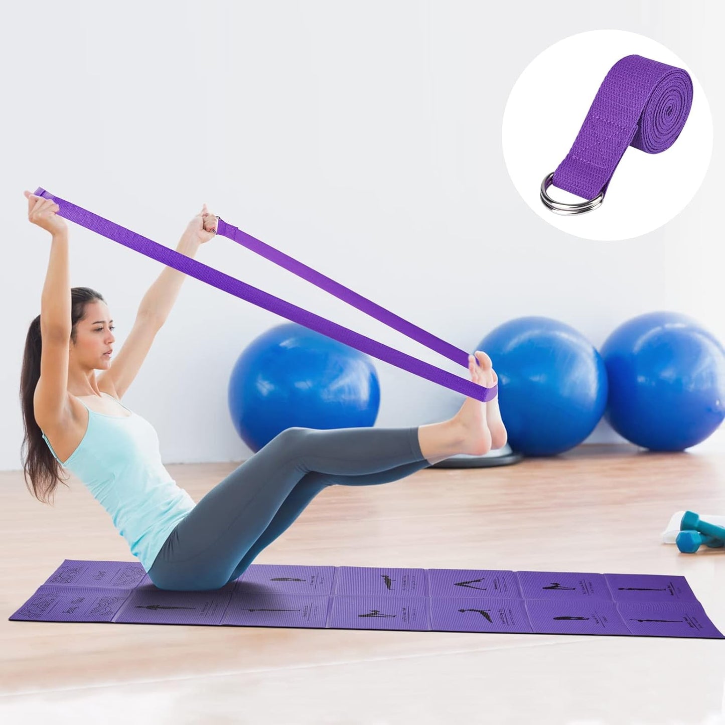 Foldable Yoga Mat for Women, Non Slip Exercise Mat for Home Gym, 5mm Travel Yoga Mats Set With Stretch Strap for Yoga Pilates and Fitness, 68"L x 24"W x 0.2 Inch Thick