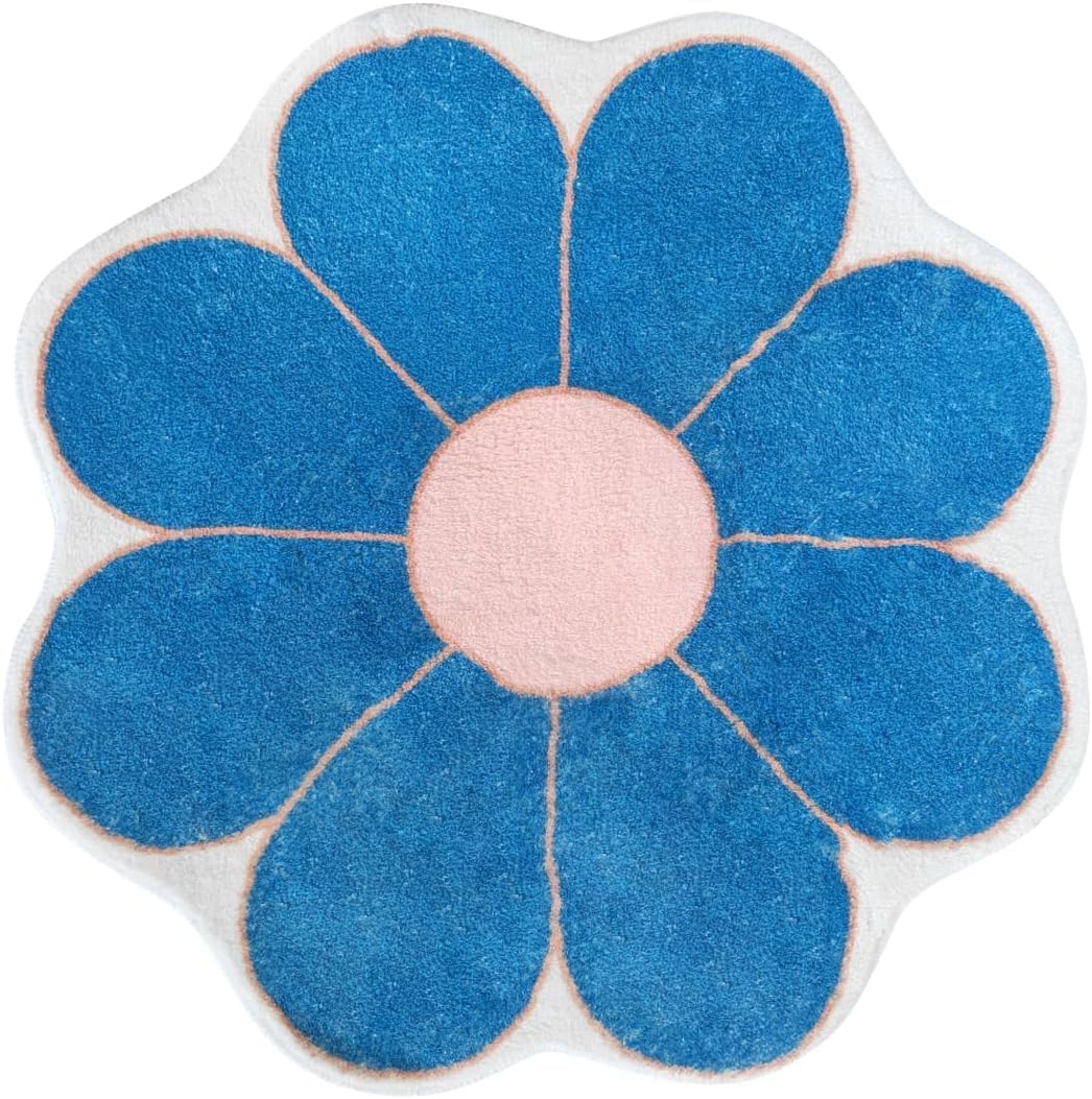 White Flower Shaped Rug, Cute Round Indoor Rug, 39.4" Diameter, High Pile Faux Wool, Non-Slip Backing