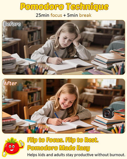 Digital Pomodoro Timer Cube 5/10/25/50min, Visual Productivity Flip Timer for Kids Classroom Desk, Custom Countdown, Silent and Sound Mode for ADHD Study Work Game Kitchen (Black)