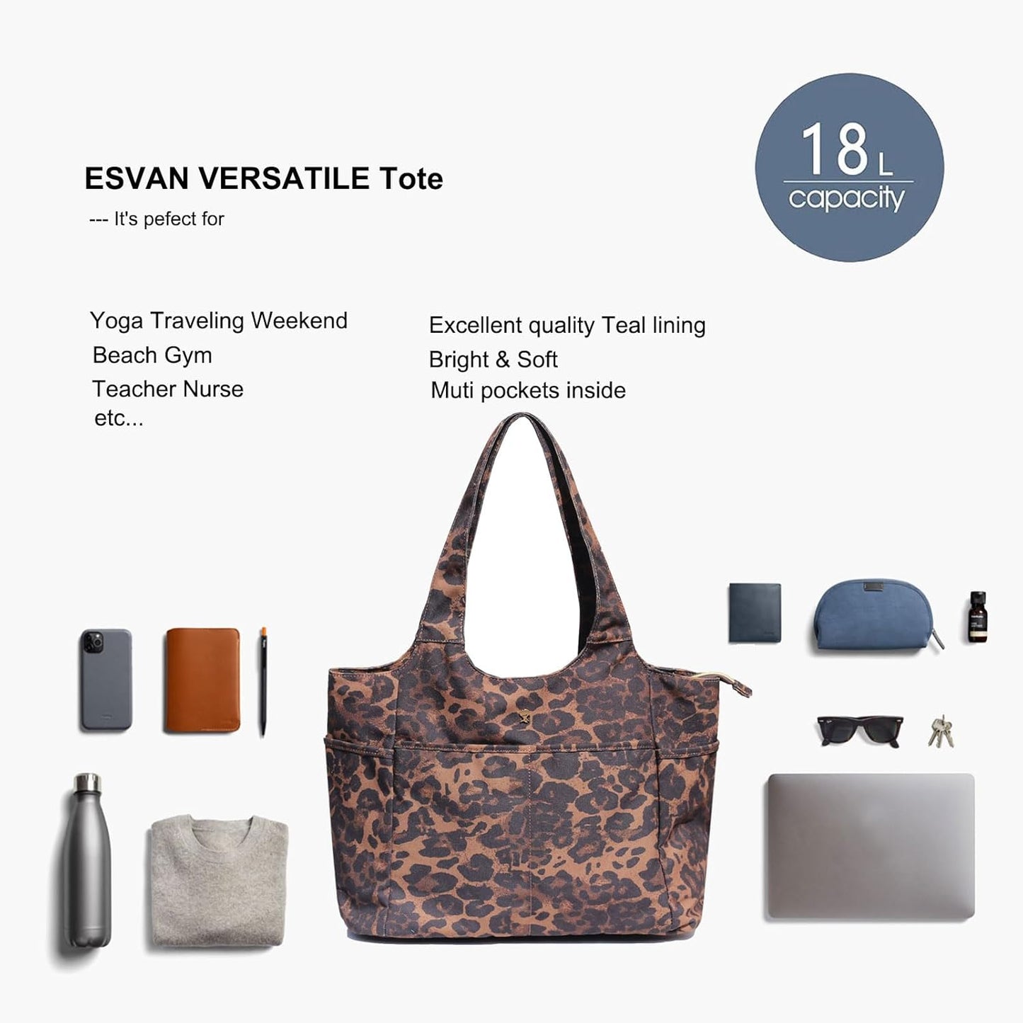 ESVAN Yoga Tote Bag Mat bag Women Shoulder Bags Carryall Tote for Travel Office Workout Gym Nurse Beach