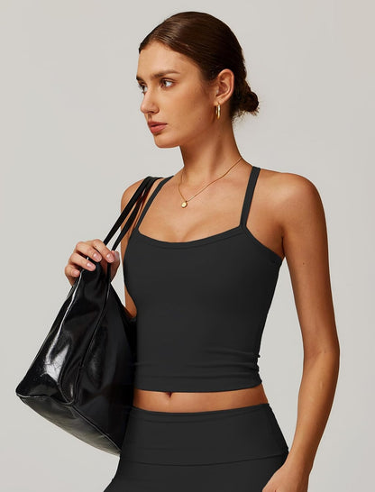 QBGJTD Womens Longline Sports Bras Cross Back Active Gym Yoga Padded Workout Crop Tank Top with Built in Bra