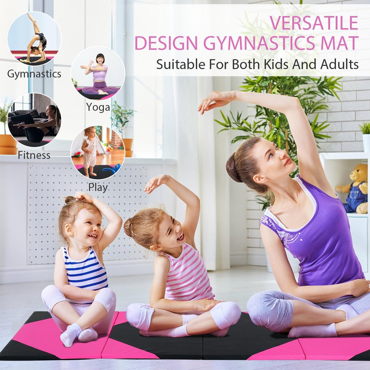 Gymnastics Mat for Tumbling, Folding Tumbling Mat Exercise Mat Gym Mat Tumbling Mats for Kids, Adults, PU Leather Yoga Mat with Carrying Handles