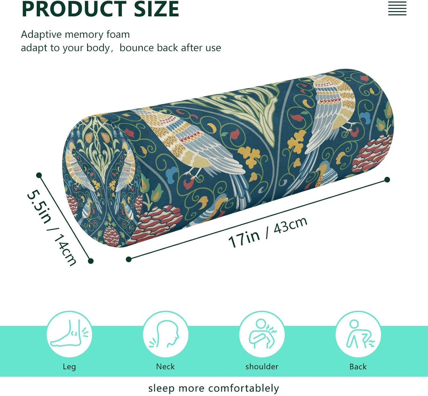 c Neck Roll Pillow Bolster Round Health Memory Foam Long Cervical Cylinder Pillows with Removable Washable Cover for Body Bed Legs Back Yoga - Colors A