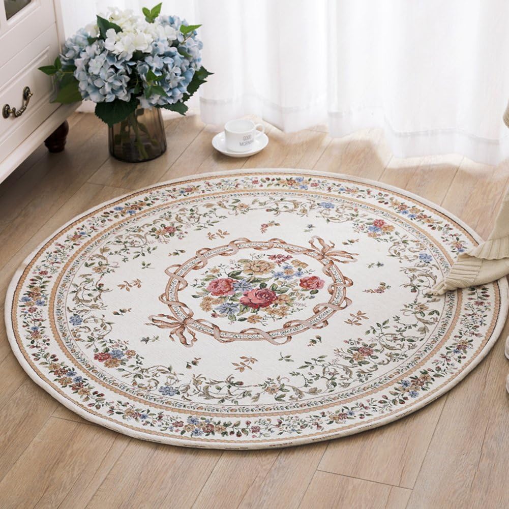 UKELER Royal Jacquard Floral Rose Rug Soft Yoga Mat Rustic Shabby Home Decorative Floor Rugs Round 3'x3'