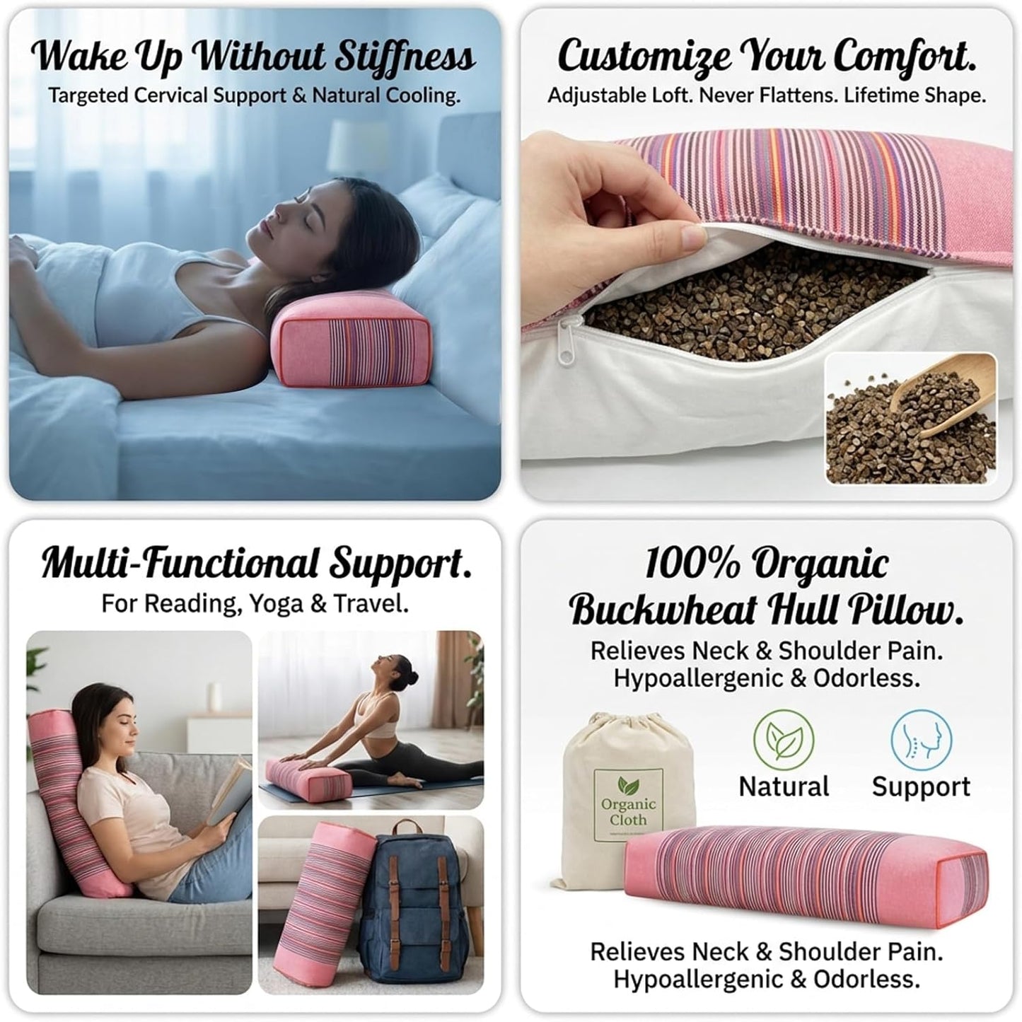 Adjustable Buckwheat Hull Pillow for Neck Pain Relief (21x8x4in) Natural Cooling Cervical Support Organic Pillow for Side & Back Sleepers with Night Sweats (Grey)