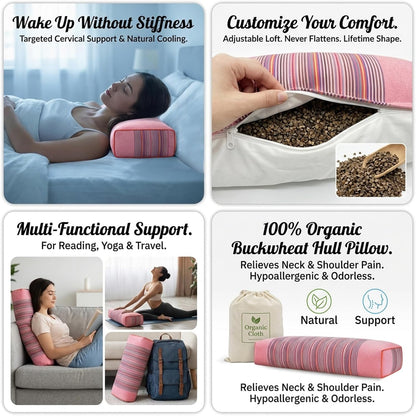 Adjustable Buckwheat Hull Pillow for Neck Pain Relief (21x8x4in) Natural Cooling Cervical Support Organic Pillow for Side & Back Sleepers with Night Sweats (Grey)