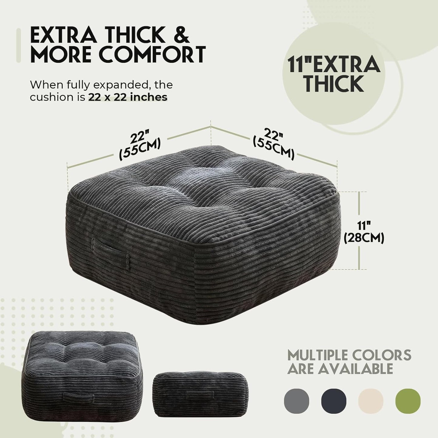 11" Thick Washable Floor Pillow for Adults, Yoga & Meditation Cushion with Handle, Square Large Pillows Seating with Removable Tufted Corduroy Cover for Tatami Living Room Board Games, Blind Shape