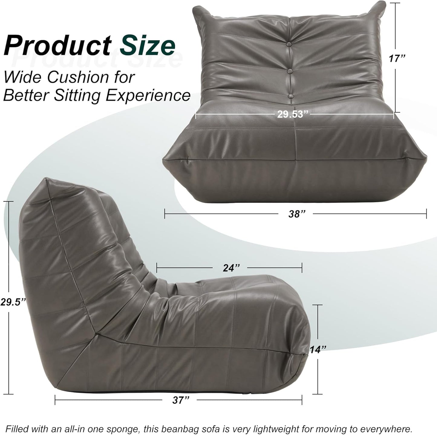 Hobestluk Giant Bean Bag Chair Lazy Floor Sofa, Memory Foam Fireside Sofa for Adults, Big Beanbag Faux Leather Armless Chair for Living Room Bedroom Dorm Office (Brown, Single)