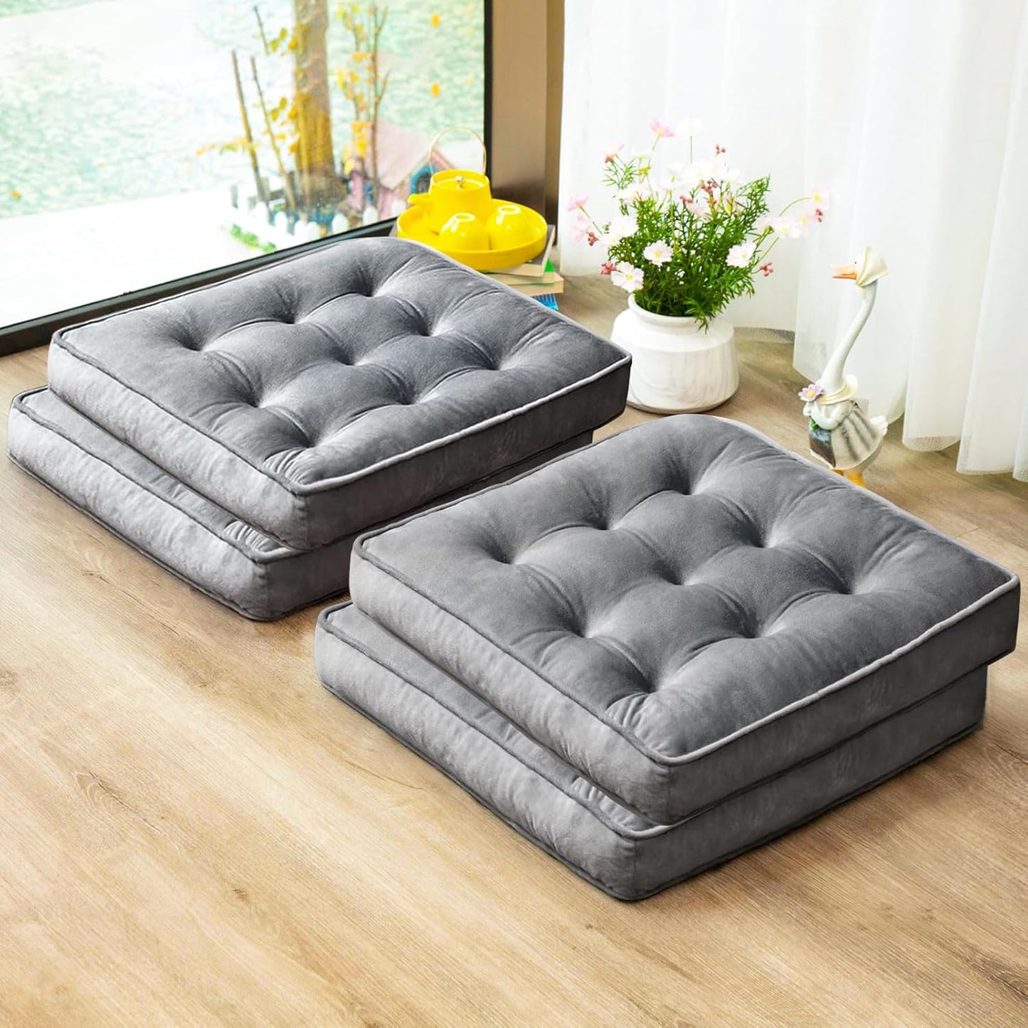1 MIDDLE ONE Floor Pillow Set of 2, Memory Foam Meditation Cushion, Floor Cushions for Adults Sitting, Large Square Seat Cushions for Yoga, Living Room, 20x20 Inch (Grey)