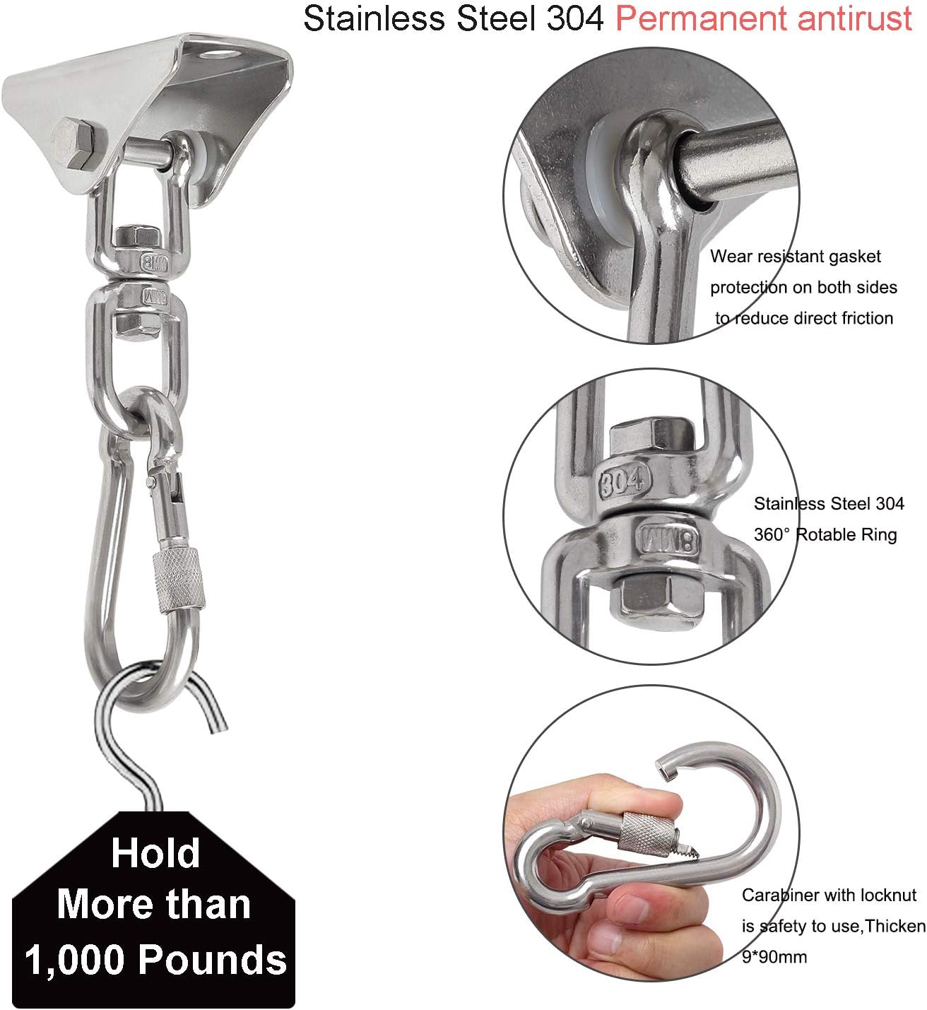 Hammock Hanging Chair Hardware kit, 1000LB Capacity Heavy Duty 360°Rotate Swing Antirust Stainless Steel 304S Safety Lock Carabiner Hooks for Swing Set,Chair,Yoga,Multiple Indoor Outdoor Gym,Sandbag