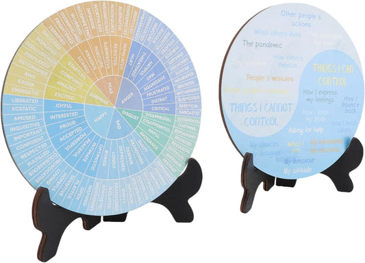 YUYTE 2pcs Feelings Wheel Emotions Chart, Emotion Wheel with Premium Poplar Wood Stand for Bedrooms Living Rooms Offices Yoga Meditation Spaces, Office Desk Decor